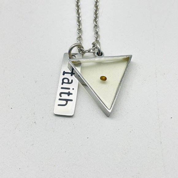 Acrylic Triangle Faith Charm Necklace Silver Tone Mustard Seed Christian Prayer - Picture 2 of 6